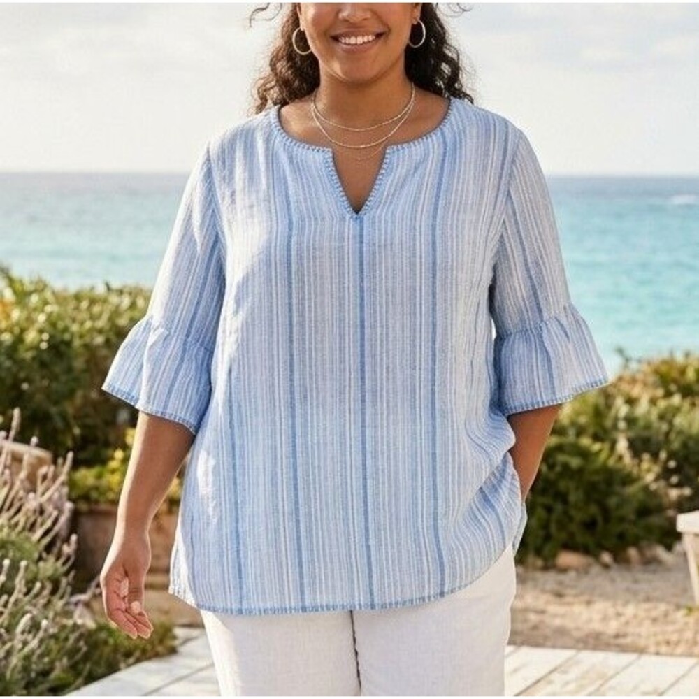 Tahari Size 2X Blouse 100% Linen Striped Split V Neck Flutter Sleeve Coastal